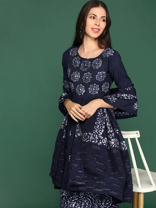 Women Floral Navy Blue A-Line Kurta Set with Dupatta-GW-3354-E-Navyblue