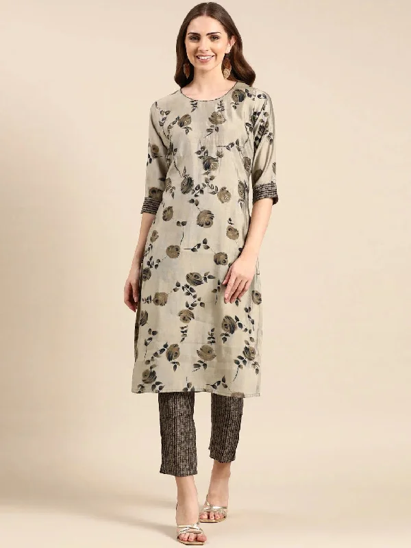 Women's Taupe Printed Kurta Set-SKC-3194-Taupe