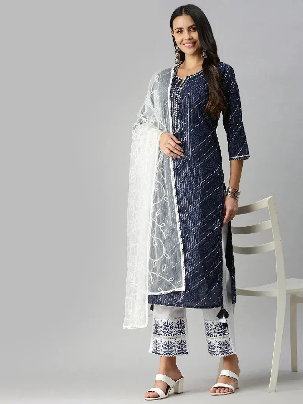 Women's Navy BlueWhite Geometrical Kurta Sets-UB-2476-Navybluewhite