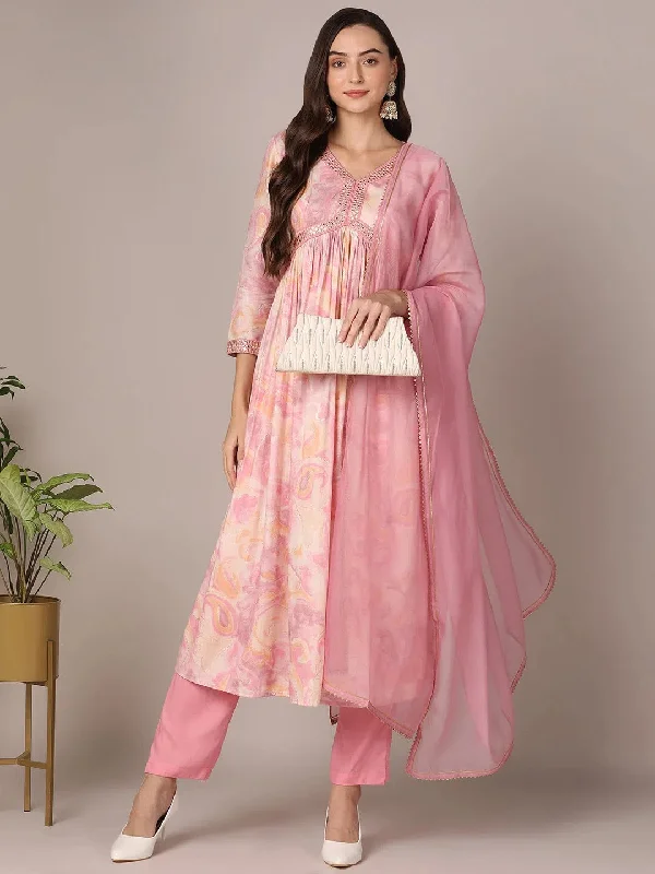 Ahika Women Pink Silk Blend Ombre Mirror Work Anarkali Kurta Trouser With Dupatta