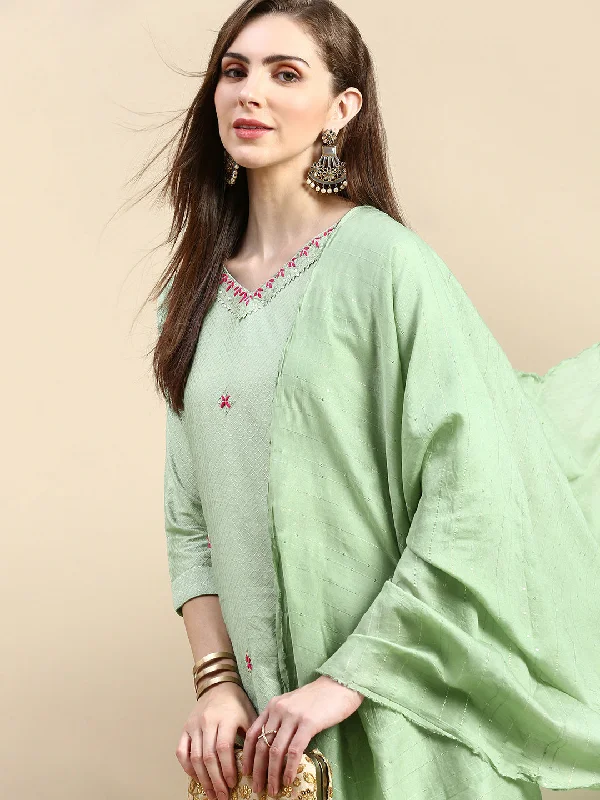 Women Woven Design Sea Green Straight Kurta Set with Dupatta-SS-463-Seagreen