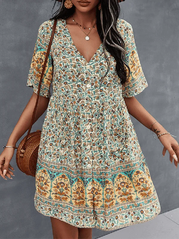 Bohemia Floral Ethnic V-Neck Button Short Sleeve Print Dress