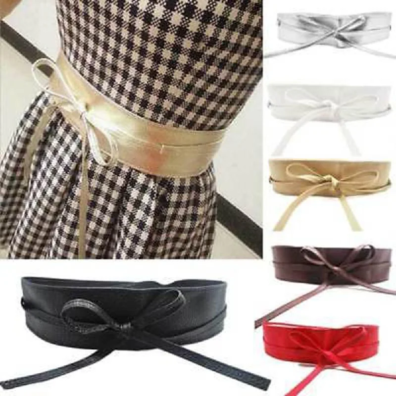 Fashion Solid Color Faux Leather Waist Belt Wrap Tie Wide Corset Dress Decor