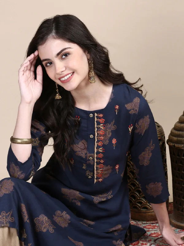 Women Floral Teal Straight Kurta Set-GW-760-Teal