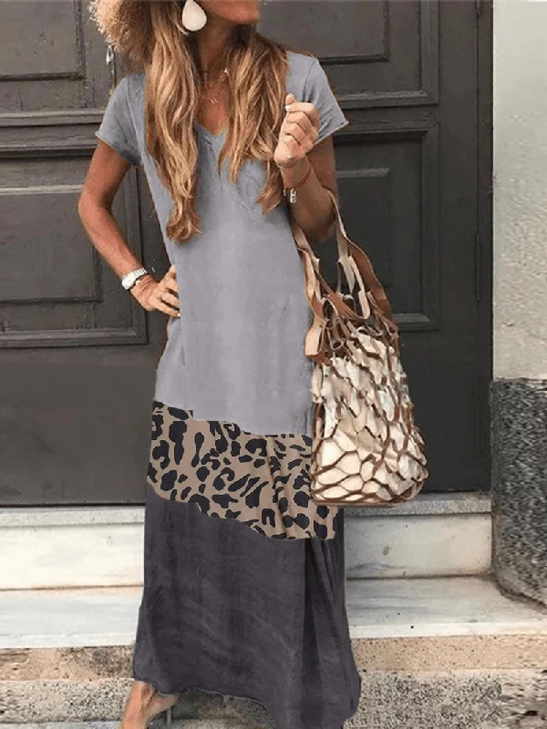 Leopard Print Patchwork Short Sleeve Causal Maxi Dress