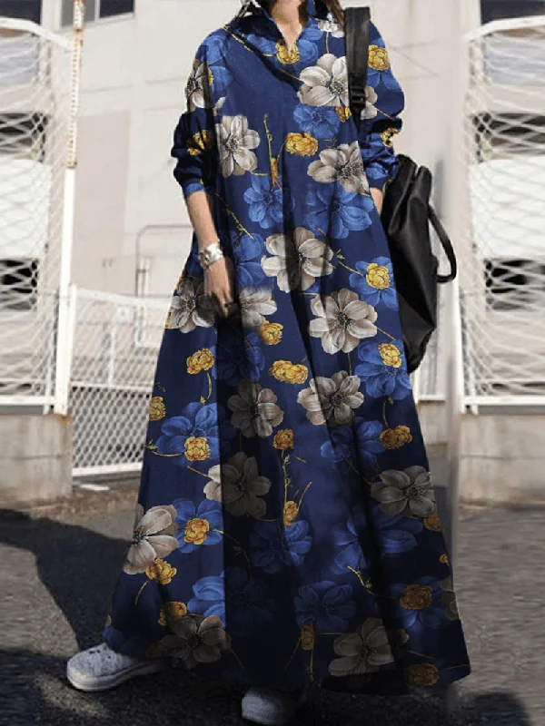 Women Floral Printed Cotton Vintage Maxi Dresses with Side Pockets