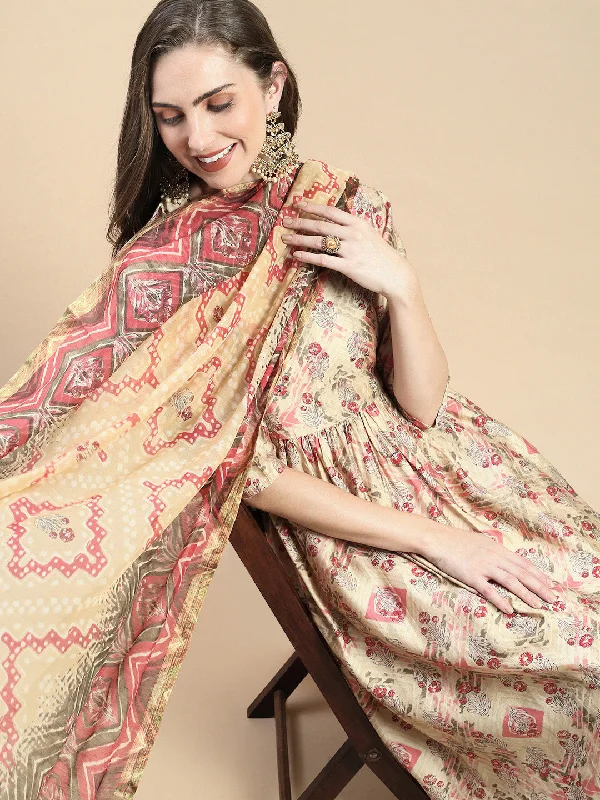 Women Floral Beige A-Line Kurta Set with Dupatta-SKC-1247-Beige