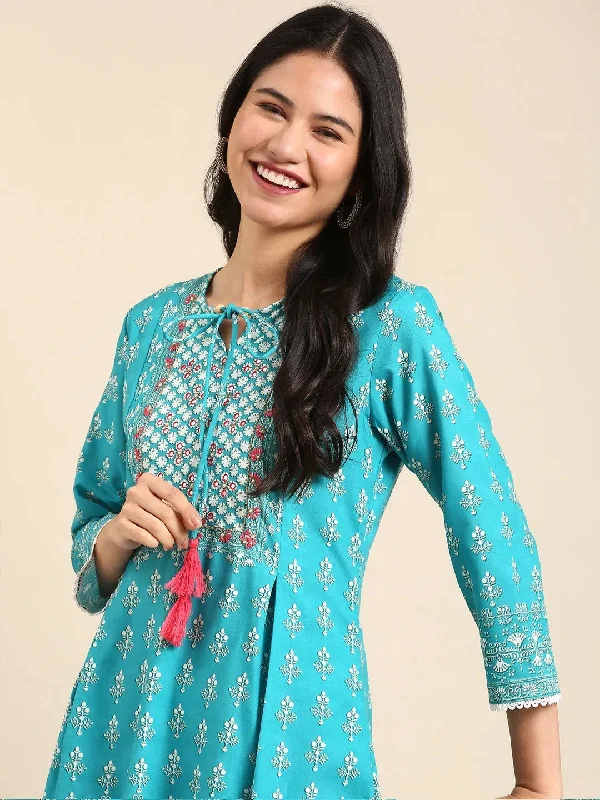 Women's Blue Printed Kurta Set-BCSK-1524-Turquoiseblue