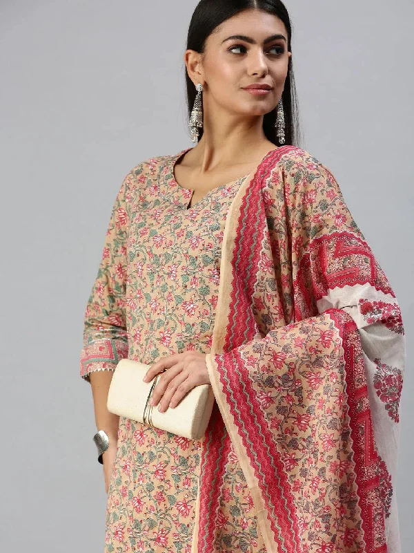 Women's Beige Printed Kurta Sets-SS362A-Cream