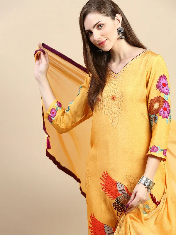 Women Floral Mustard Straight Kurta Set with Dupatta-UB-3149-Mustard