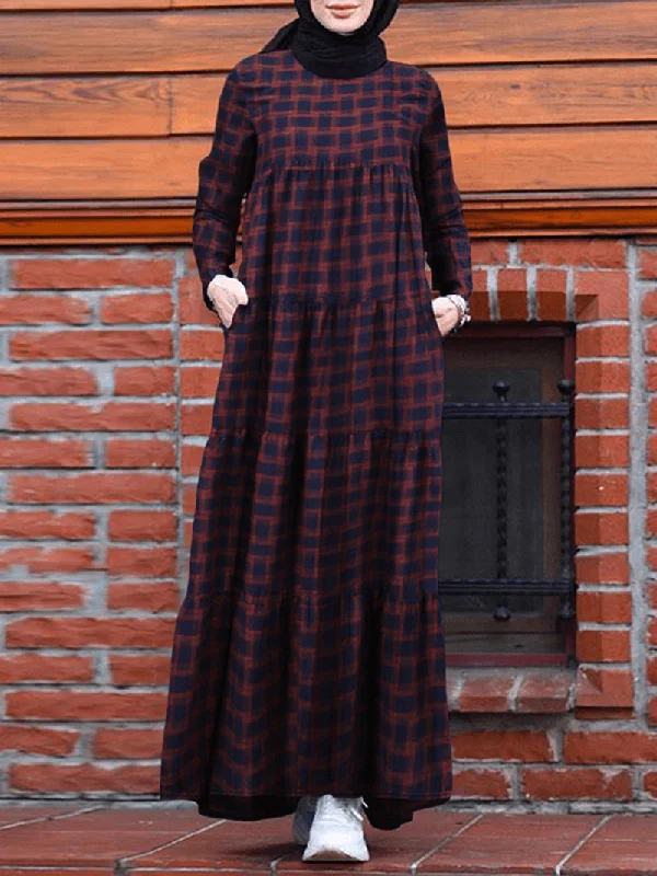 Women Vintage Plaid round Neck Kaftan Casual Long Sleeve Maxi Dresses with Pocket