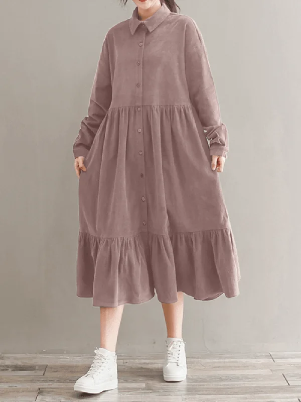 Women Corduroy Casuallace-Up Ruffles Hem Loose Full Sleeve Mid-Calf Length Midi Dress