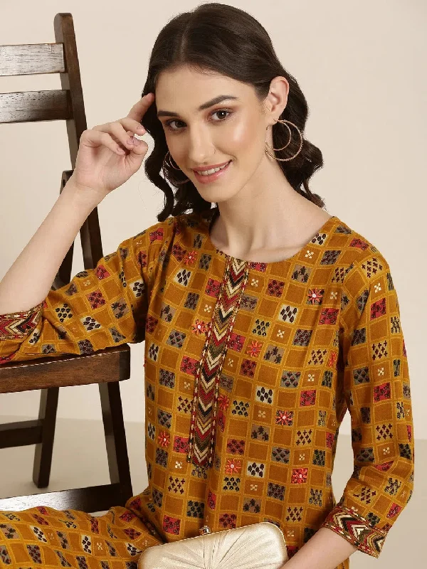 Women Mustard Geometrical Kurta Set-CRL-1606-Mustard