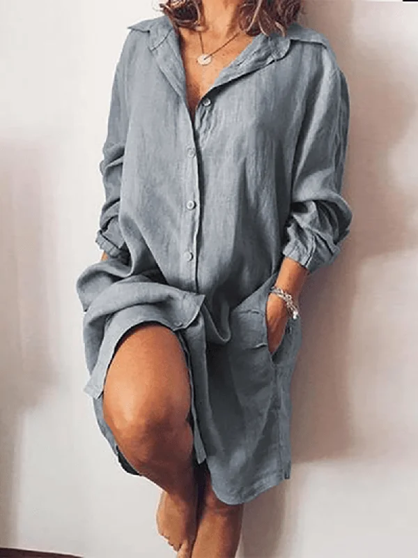 Women Loose Casual Long Sleeve V-Neck Button Pocket Shirt Dress