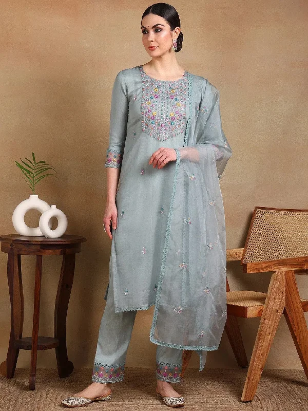 Ahika Women Grey Organza Embroidered Straight Kurta Pant Set With Dupatta-PKSKD2323_S