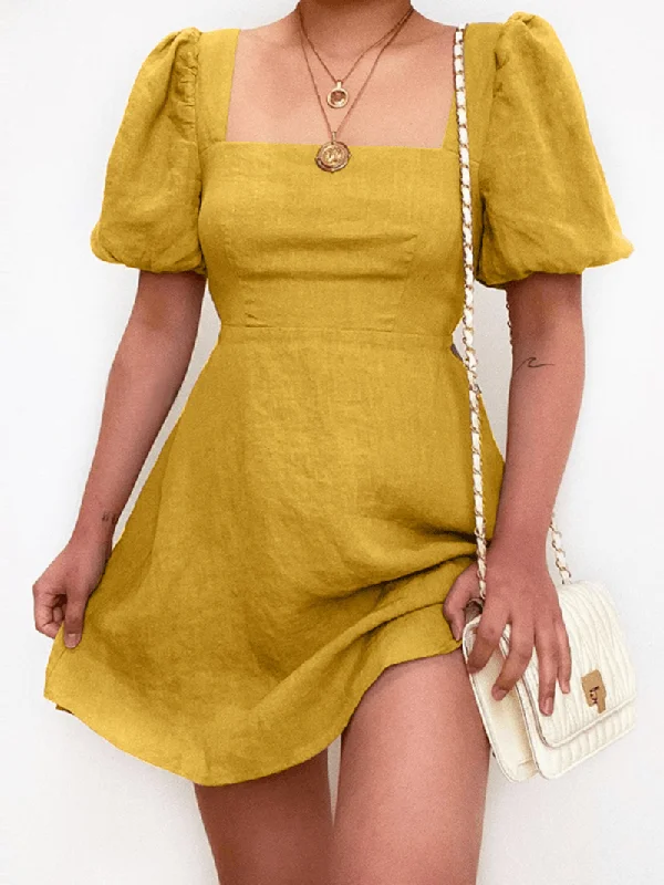 Women's Casual Square Neck Puff Sleeve A-Line Mini Dress with Simple Design