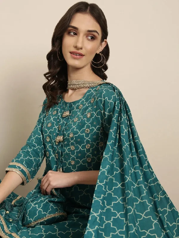 Women Teal Geometrical Kurta Set-GW-3434-Teal