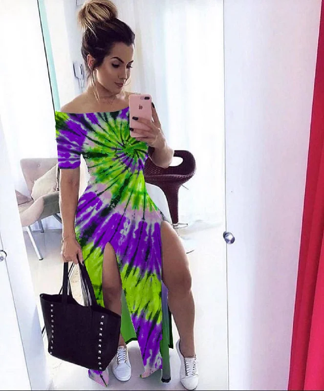 Tie-dye one-shoulder split dress