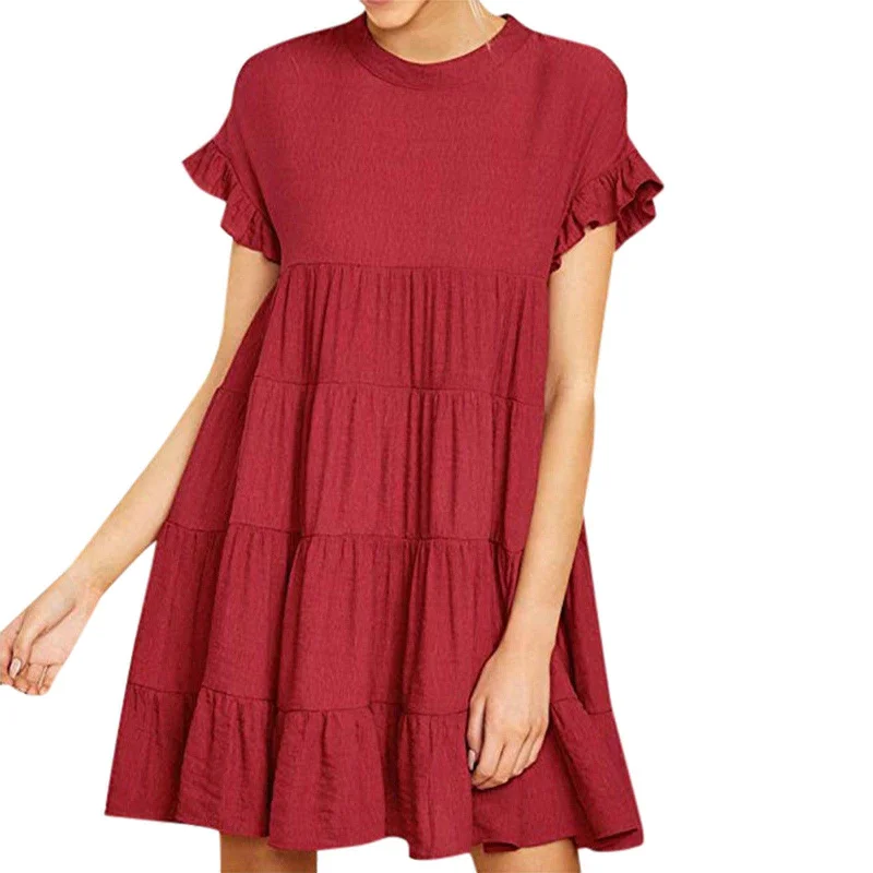 Round neck short sleeve pleated stitching big dress