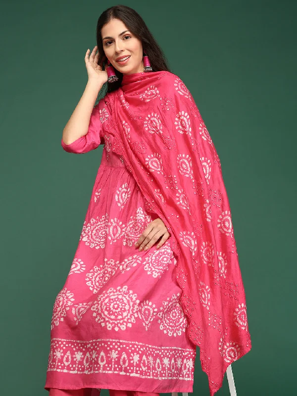 Women Graphic Pink A-Line Kurta Set with Dupatta-GW-3555-E-Pink