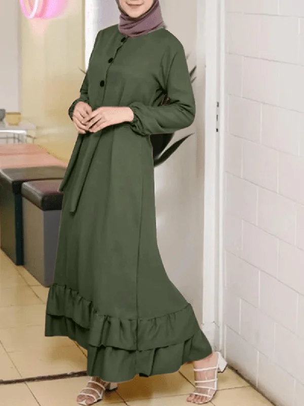 Women Long Sleeve Solid Ruffles Hem Abaya Kaftan Pleats Button Midi Dresses