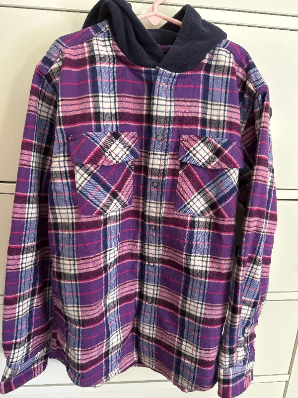 LL Bean Fleece lined flannel jacket w/ hood 10-12