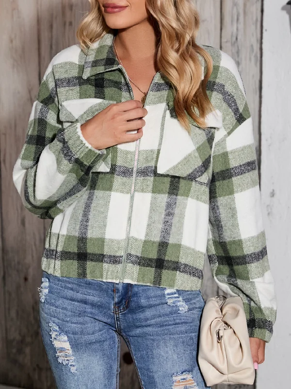 Plaid Zip Up Dropped Shoulder Jacket