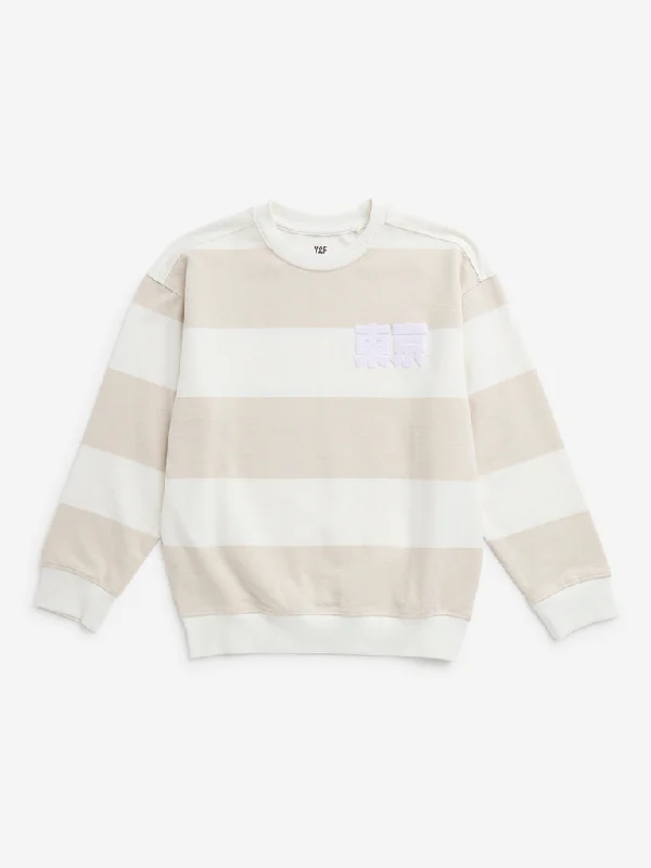 Y&F Kids Beige Stripe Printed Cotton Sweatshirt