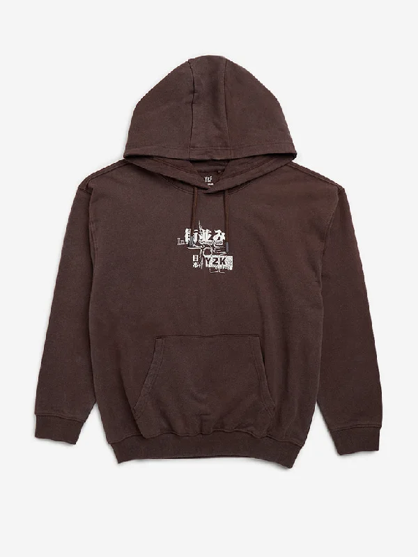 Y&F Kids Dark Brown Printed Hoodie