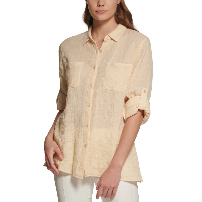 Calvin Klein Women's Cotton Gauze Button Down Shirt Brown Size Small