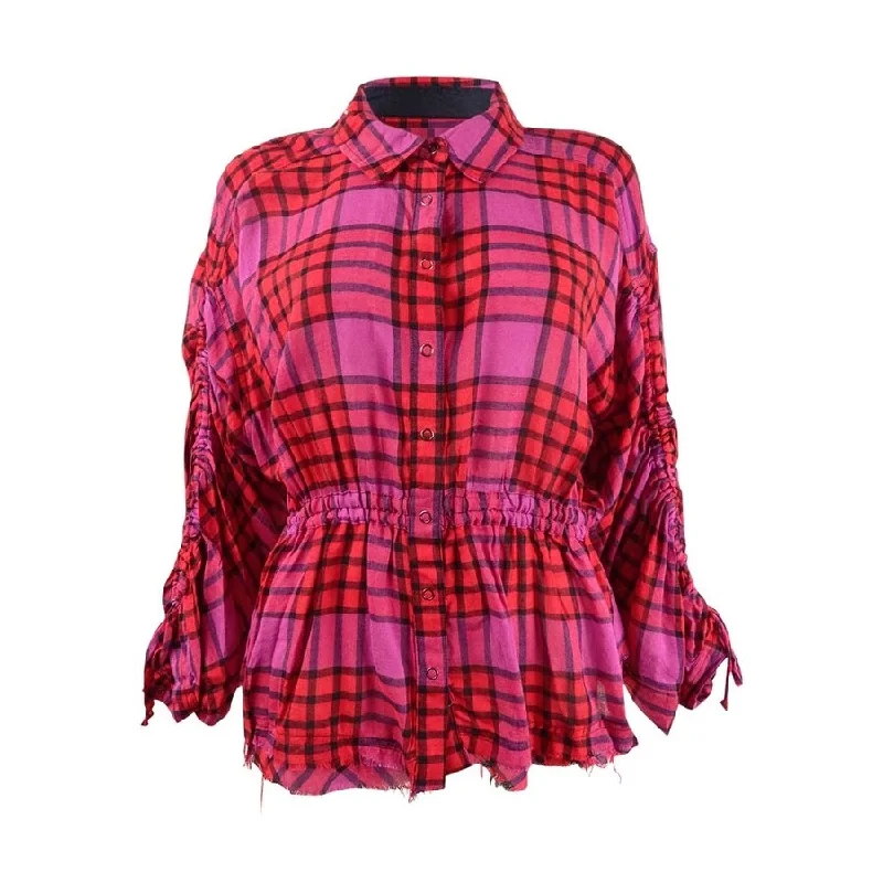 Free People Women's Pacific Dawn Drawstring Plaid Shirt (XS, Red Combo)