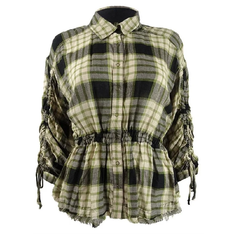 Free People Women's Plaid Ruched-Sleeve Button Down Shirt (M, Black Combo)