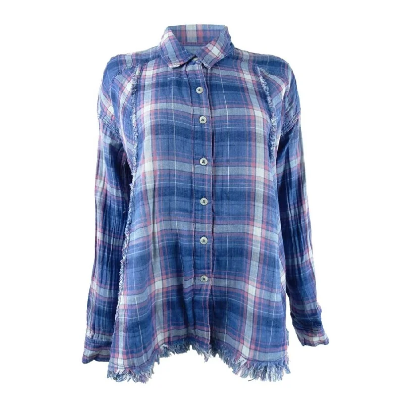 Free People Women's Seeking Starlight Plaid Shirt (XS, Chambray Combo)