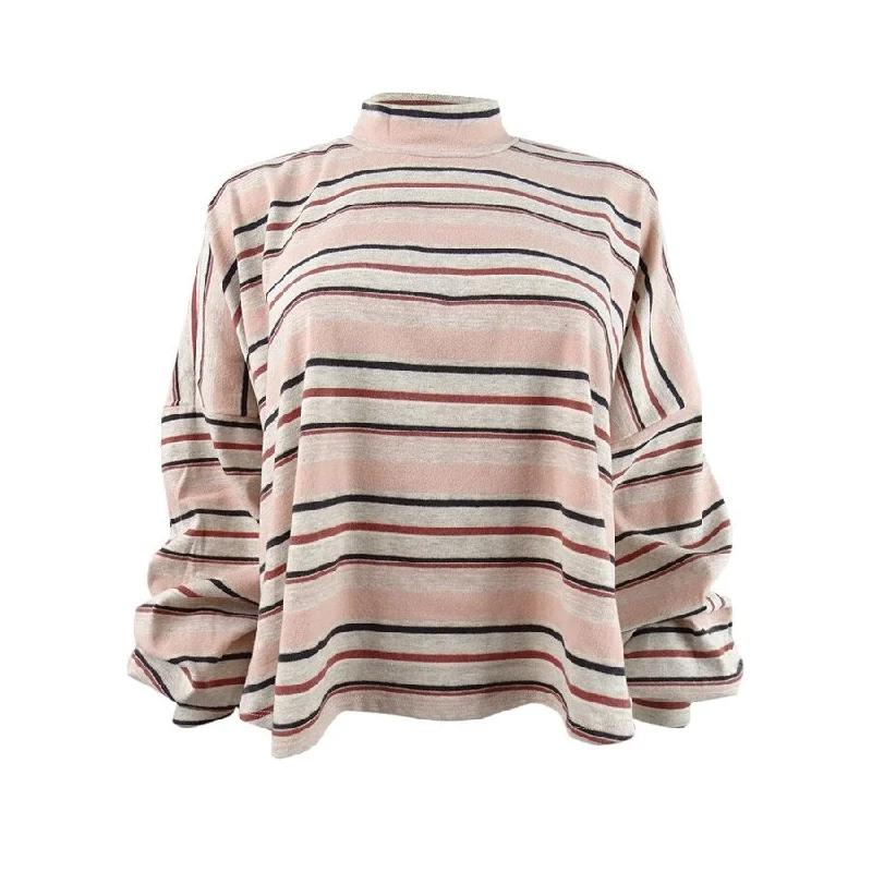 Free People Women's Striped Mock Neck Long-Sleeve Shirt (M, Heather Pastel)