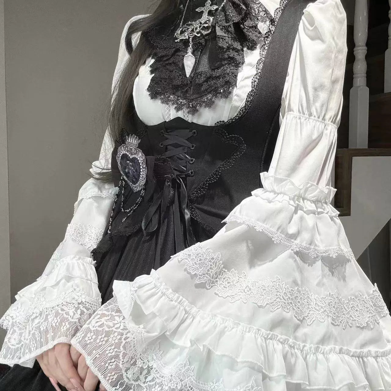 Lilizi~Fuyingrzi~Gothic Lolita Shirt Hime Blouse with Sleeve Lace Hem