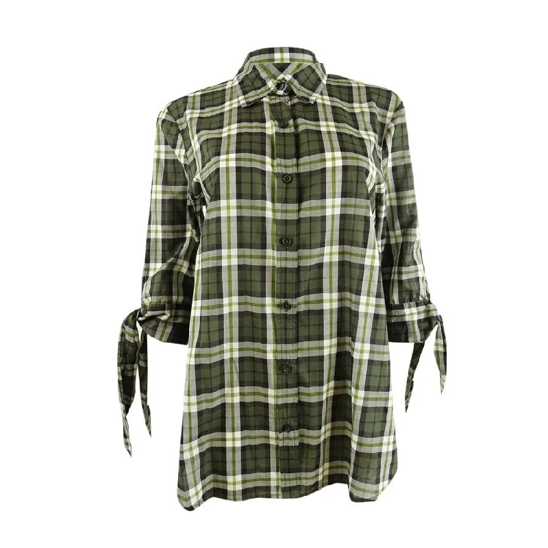 Michael Michael Kors Women's Plaid Tie-Sleeve Shirt (S, Ivy)