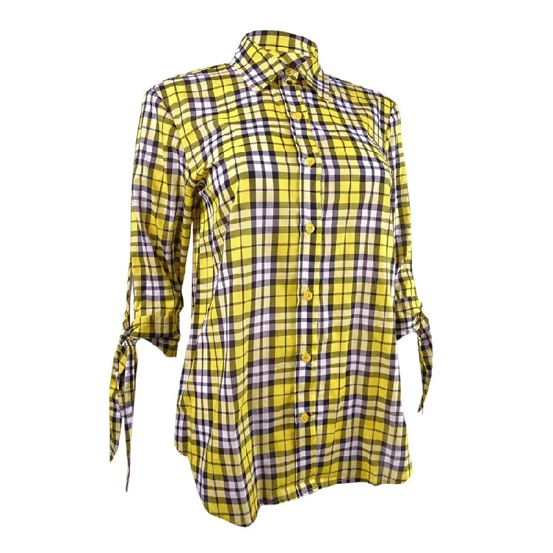 Michael Michael Kors Women's Plaid Tie-Sleeve Shirt (XXS, Bright Dandelion)