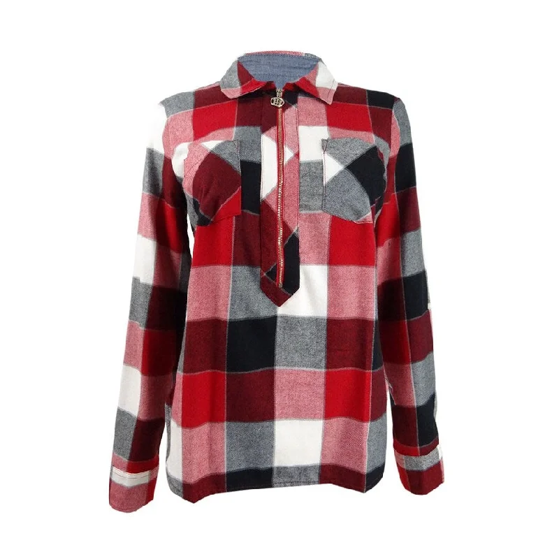 Tommy Hilfiger Women's Buffalo Plaid Zip-Up Popover Shirt (XS, Red Multi)