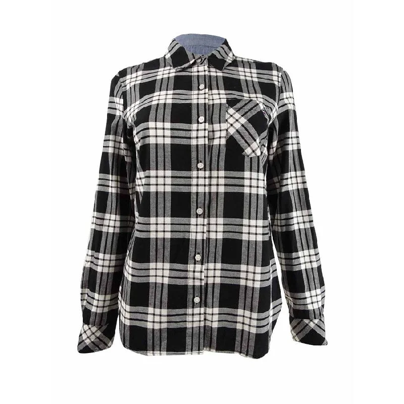 Tommy Hilfiger Women's Check-Print Button-Down Shirt (XS, Black Multi)