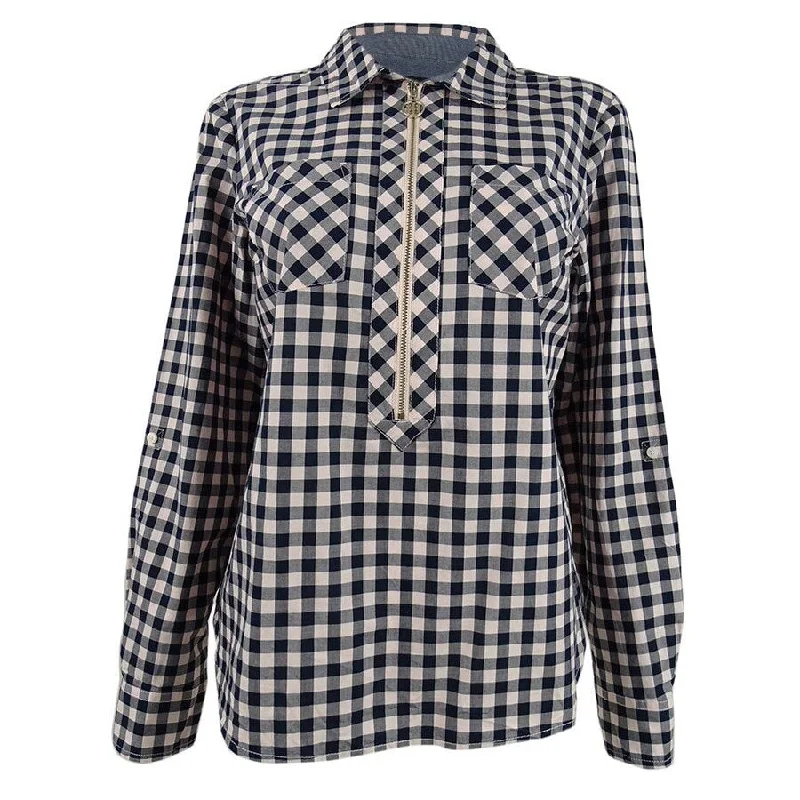 Tommy Hilfiger Women's Cotton Checked Zip Shirt (S, Sky Captain/Ballerina Pink)