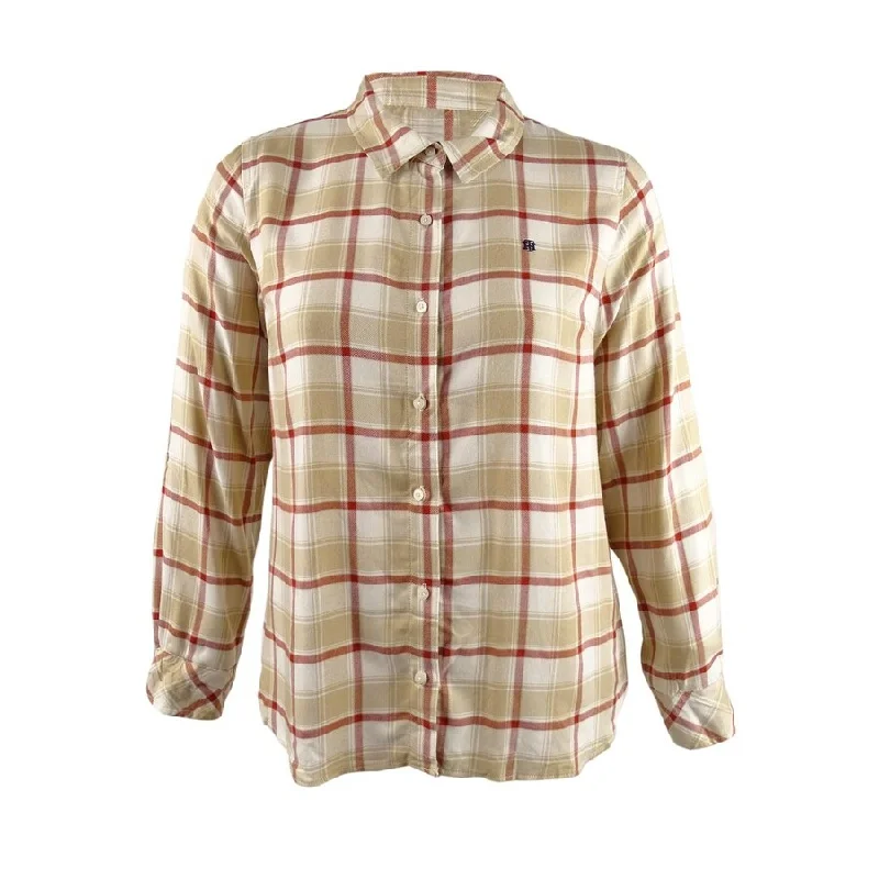 Tommy Hilfiger Women's Plaid Utility Shirt (XL, Cinnamon Multi)