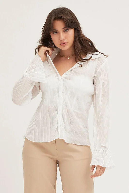 White Pleated Shirt Long Flare Sleeve