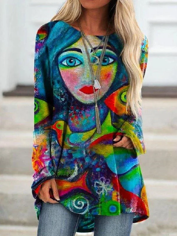 Abstract Face Print Long Sleeve Round Neck T-shirt