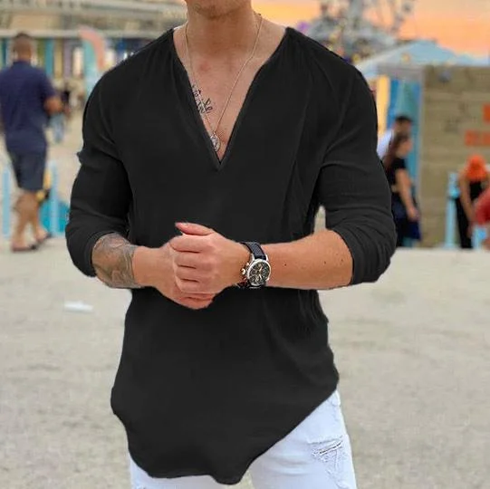 Casual solid color V-neck long sleeve T-shirt