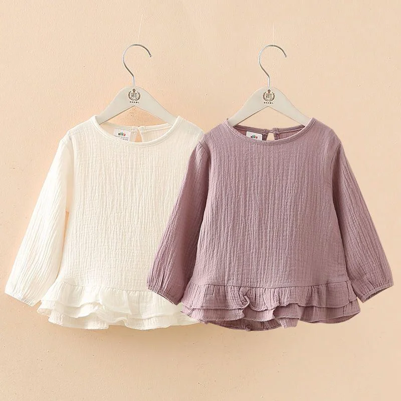 Girls' Ruffle Cotton Linen Long Sleeved T-shirt