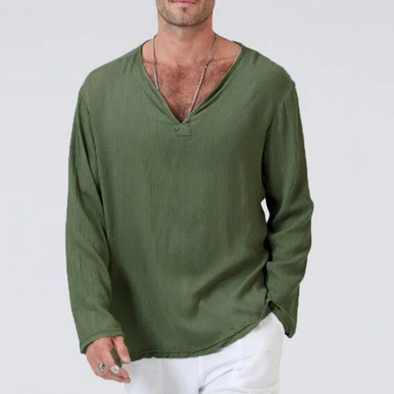 MANFLARE - Mens Summer Loose V-neck Long-sleeved T-shirt