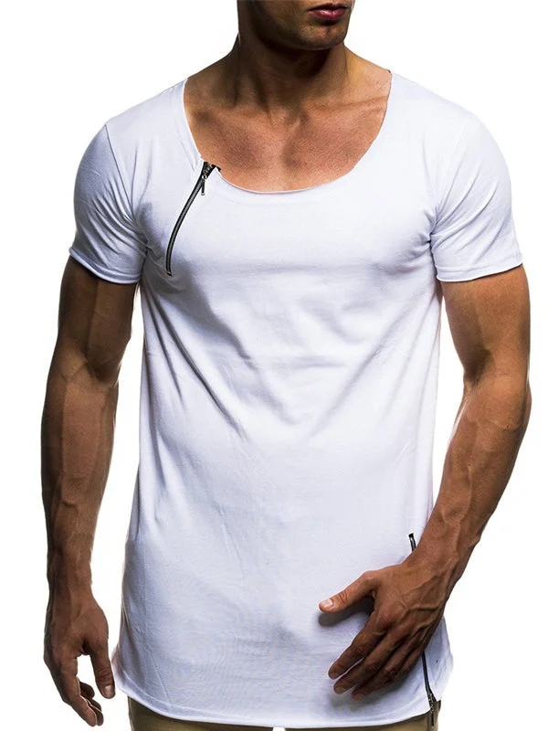 Mens Round Neck Zipper Stitching Slim Short Sleeve T-Shirt