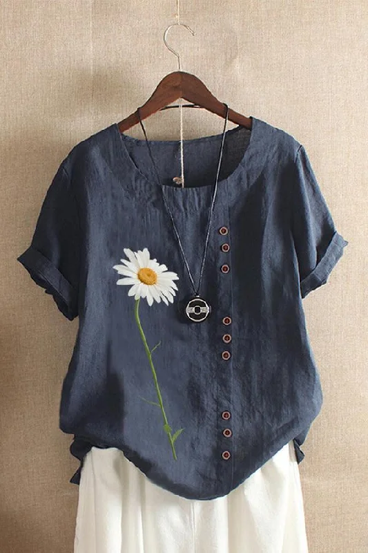 Fashion Casual O-Neck Daisy Print Losse T-shirt