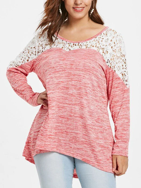 Plus Size Patchwork Holoow Lace Long T-shirt