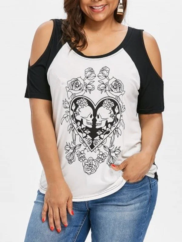 Round Neck Off Shoulder Print T-shirt